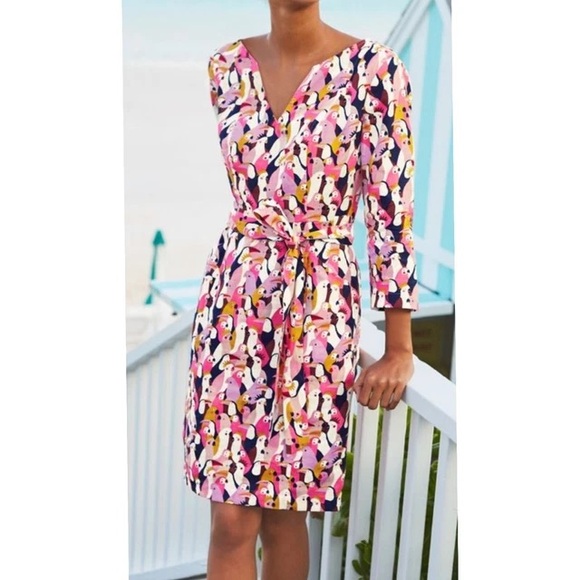 Boden Kelsey Linen Tunic Dress Light Pink Exotic Birds Print 8P - Picture 1 of 13